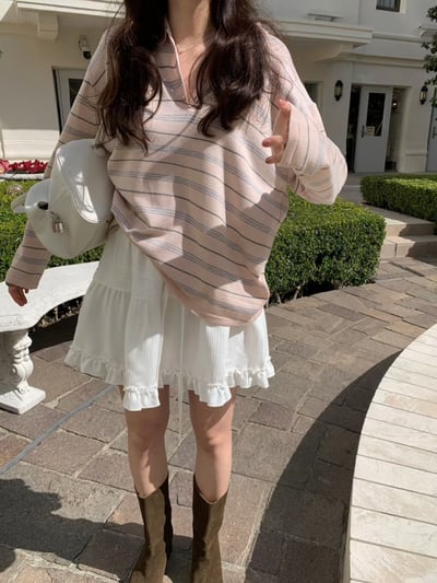 清新配色條紋翻領排釦棉T3