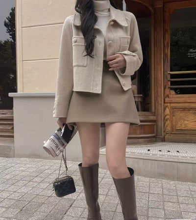 壓線雙口袋羊毛短版大衣外套12