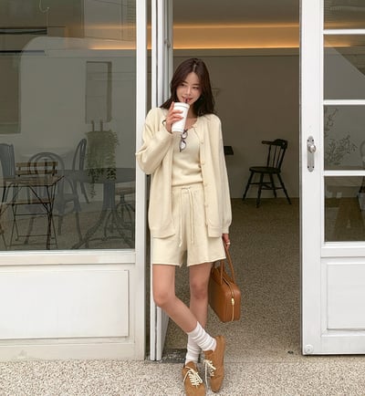 針織背心+抽繩三分短褲+排釦罩衫SET7