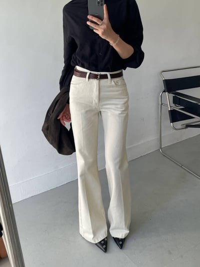 高腰薄絨面小喇叭牛仔褲1