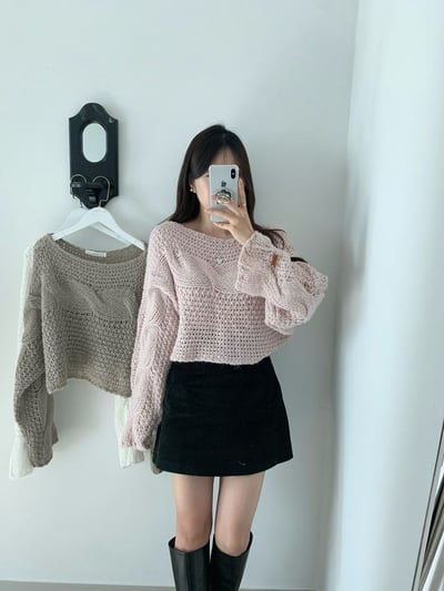 拼接粗麻花短版針織衫3