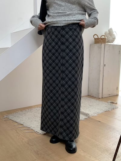 高腰隱藏釦菱格紋磨毛長裙3