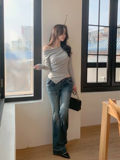 斜領腰間抓皺尖端下擺T7