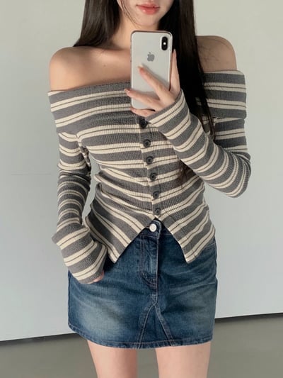 反摺領條紋排釦下開衩針織衣4