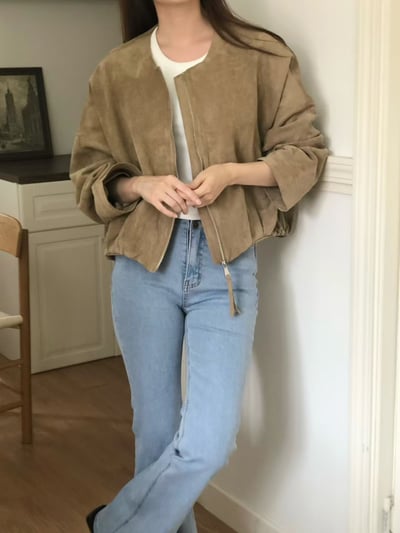 落肩圓領薄款麂皮拉鍊夾克2