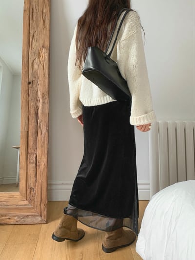 鬆緊絨面拼接雪紡長裙4