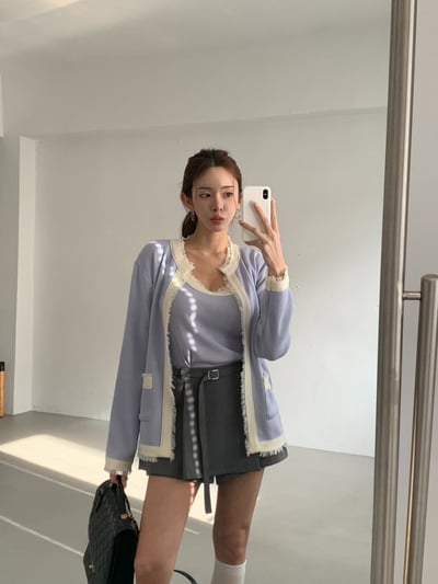 圓領抽鬚滾邊開心外套＋撞色背心SET5