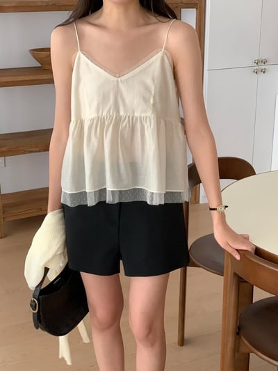 Ｖ領拼接點點網紗雪紡背心6