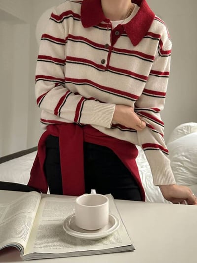 polo排釦領跳色橫條紋羊毛針織衣（100%)4