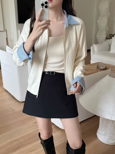 拼接直紋襯領雙拉鍊針織衫2