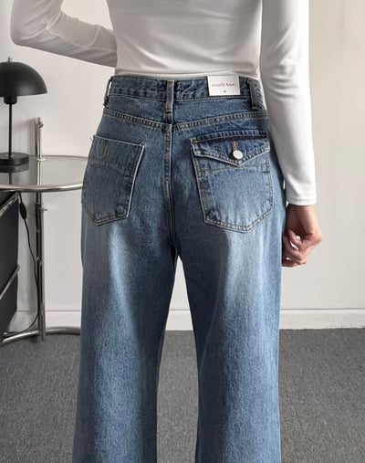 高腰後口袋造型順身小寬褲13