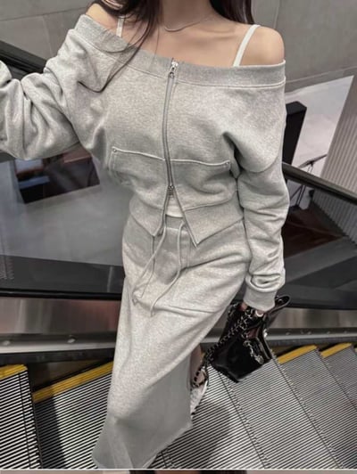 一字領雙拉鍊外套＋雙口袋抽繩棉長裙SET(可拆買）8