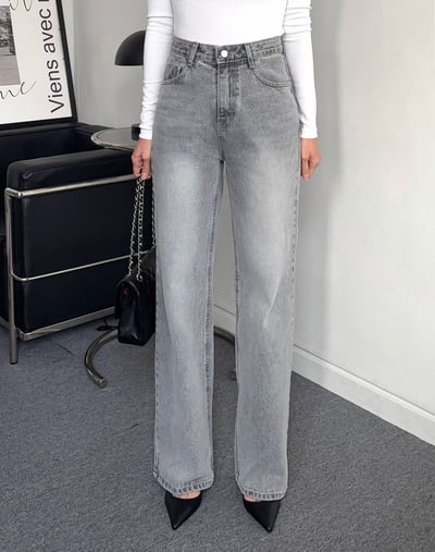 霧灰刷色高腰微寬直筒褲7