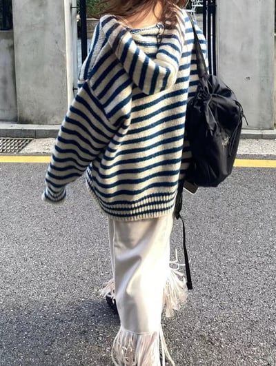 落肩橫條紋連帽長版羊毛外套8