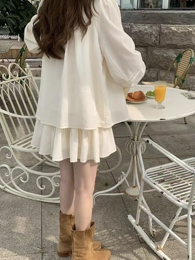 (客訂勿下單）綁結鏤空排釦棉麻上衣+鬆緊小短裙SET7