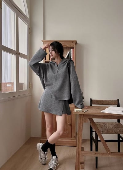 排釦連帽針織衫＋鬆緊開衩褲裙SET3
