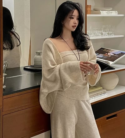 三件組｜平口抓皺背心＋開襟罩衫服綁帶＋鬆緊寬褲SET2