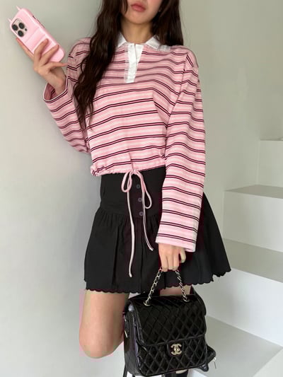 撞色蕾絲polo領配色條紋Ｔ5