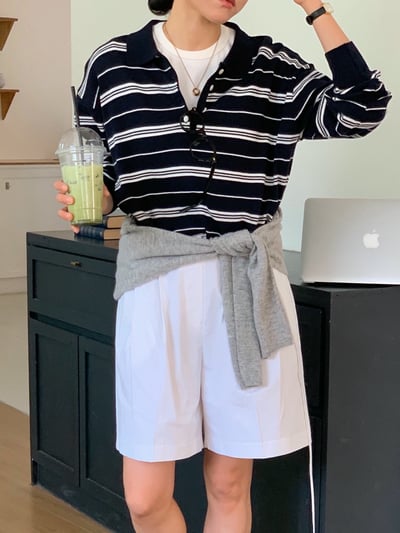 polo翻領薄款橫條紋針織衫3