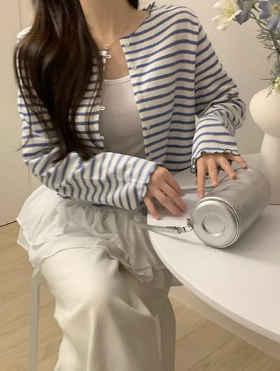 橫條紋排釦捲邊短版針織小外套7