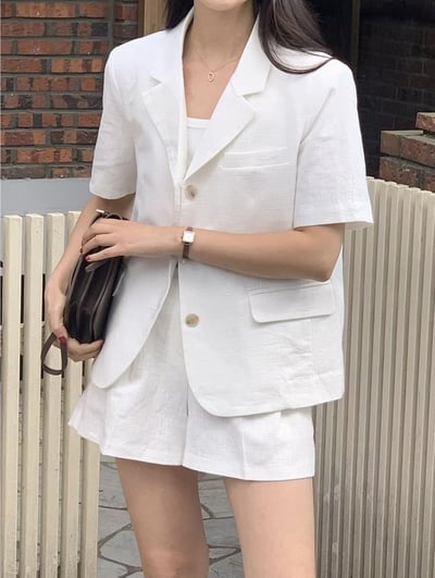 清爽棉麻西裝外套＋後鬆緊高腰Ａ字短褲SET7