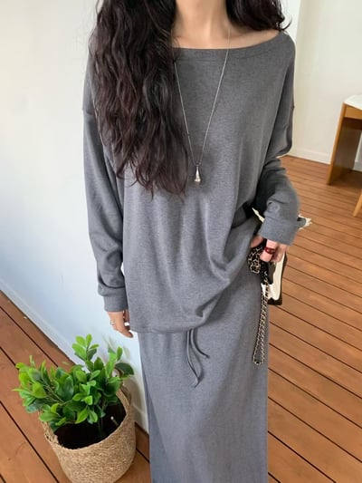 內磨毛可斜肩Ｔ+鬆緊落地磨毛長裙SET(可拆買）10