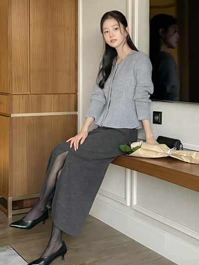 壓紋磨毛側開岔後鬆緊直筒裙3