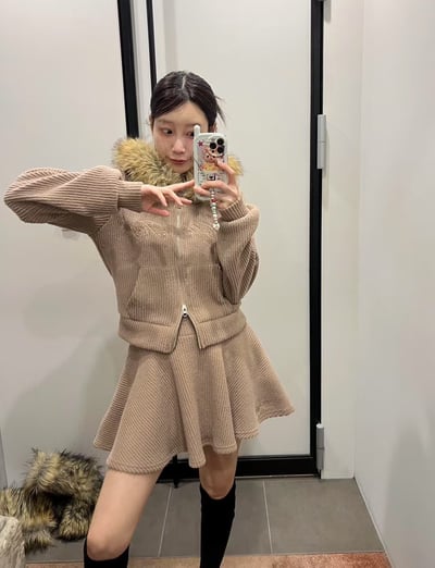 拼接皮革口袋磨毛外套＋壓摺短褲裙SET(可拆買)1