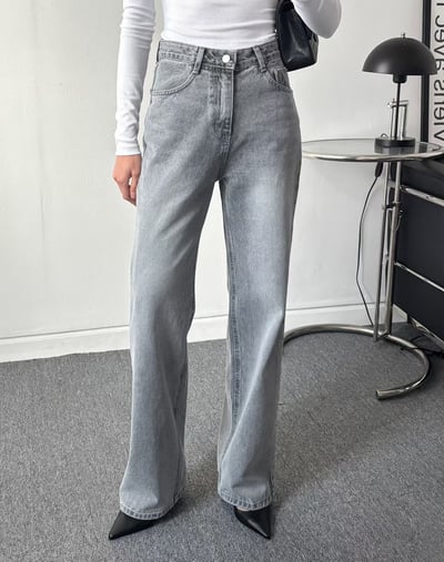 霧灰刷色高腰微寬直筒褲4