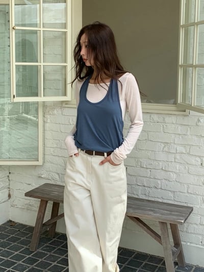 假兩件撞色打底衣＋繞頸背心套組6