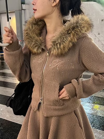 拼接皮革口袋磨毛外套＋壓摺短褲裙SET(可拆買)2