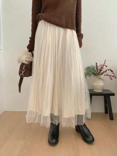 兩面穿！壓紋絨面料拼接網紗長裙2