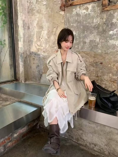 翻領雙大口袋長版拉鍊風衣4