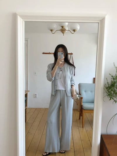 圓領排釦坑紋上衣＋鬆緊彈性坑紋褲SET7