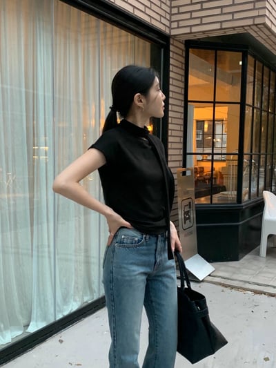 素色短袖薄款羊毛衣（附綁巾）11