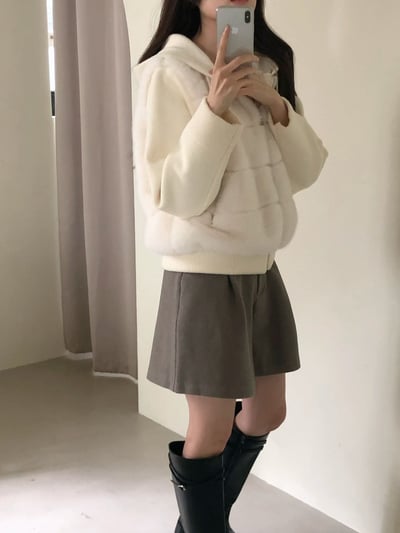 毛毛拼接針織抽繩連帽外套6