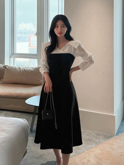 翻領層次拼接傘擺長洋11