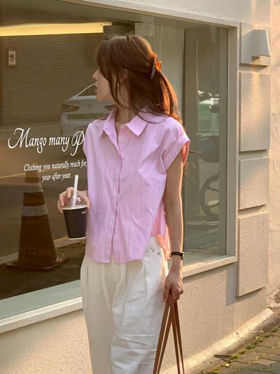 摺袖造型設計條紋襯衫1