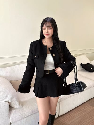 內羊羔毛拼接麂皮金釦短版外套(羊毛60%2