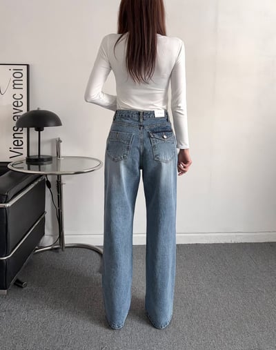 高腰後口袋造型順身小寬褲10