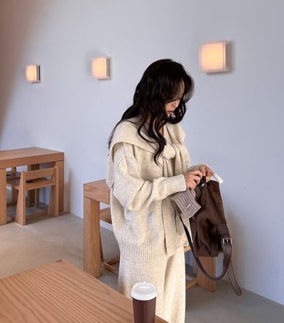 三件組｜Ｖ領針織衣＋披肩＋鬆緊寬褲SET10