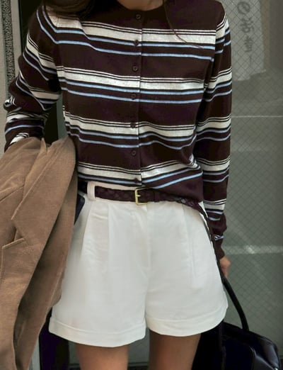 圓領秋季配色橫條紋排釦針織衫4