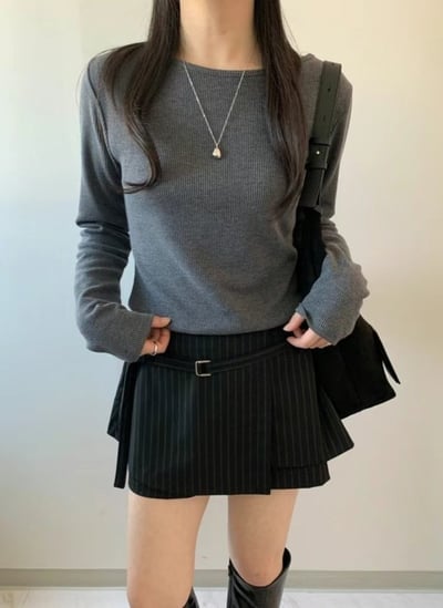 直紋西裝外套＋腰帶不規則短褲裙SET12