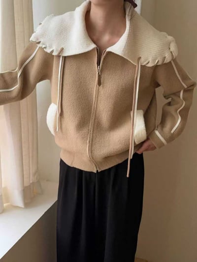 配色縫線滾邊翻領拉鍊針織衫3