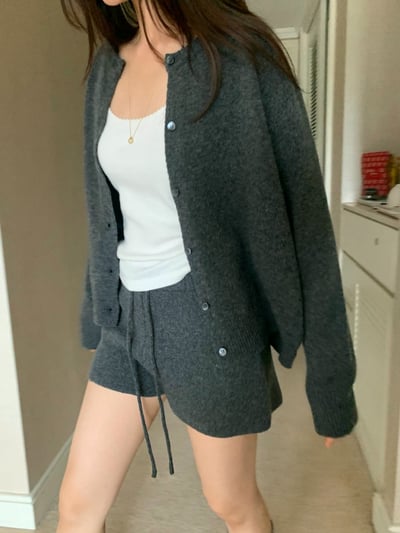 排釦圓領針織罩衫＋螺紋抽繩針織短褲SET(可拆買）5