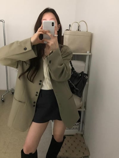 無領雙釦造型墊肩西裝外套2