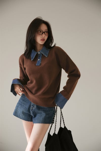 拼接銀釦牛仔面料針織衫10