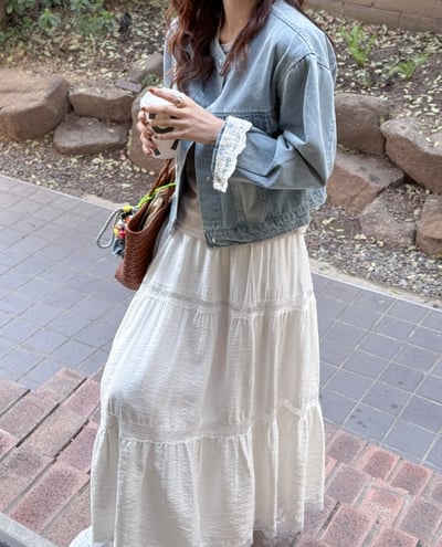 袖口繡蕾絲設計淺藍牛仔外套6