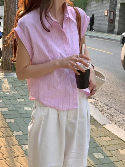 摺袖造型設計條紋襯衫2