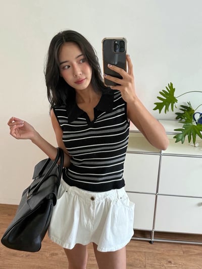 翻領配色條紋顯瘦背心2
